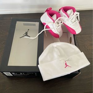 Jordan 12 Retro Gift Pack White & Vivid Pink Shoes & Hat Size 2C crib with Box